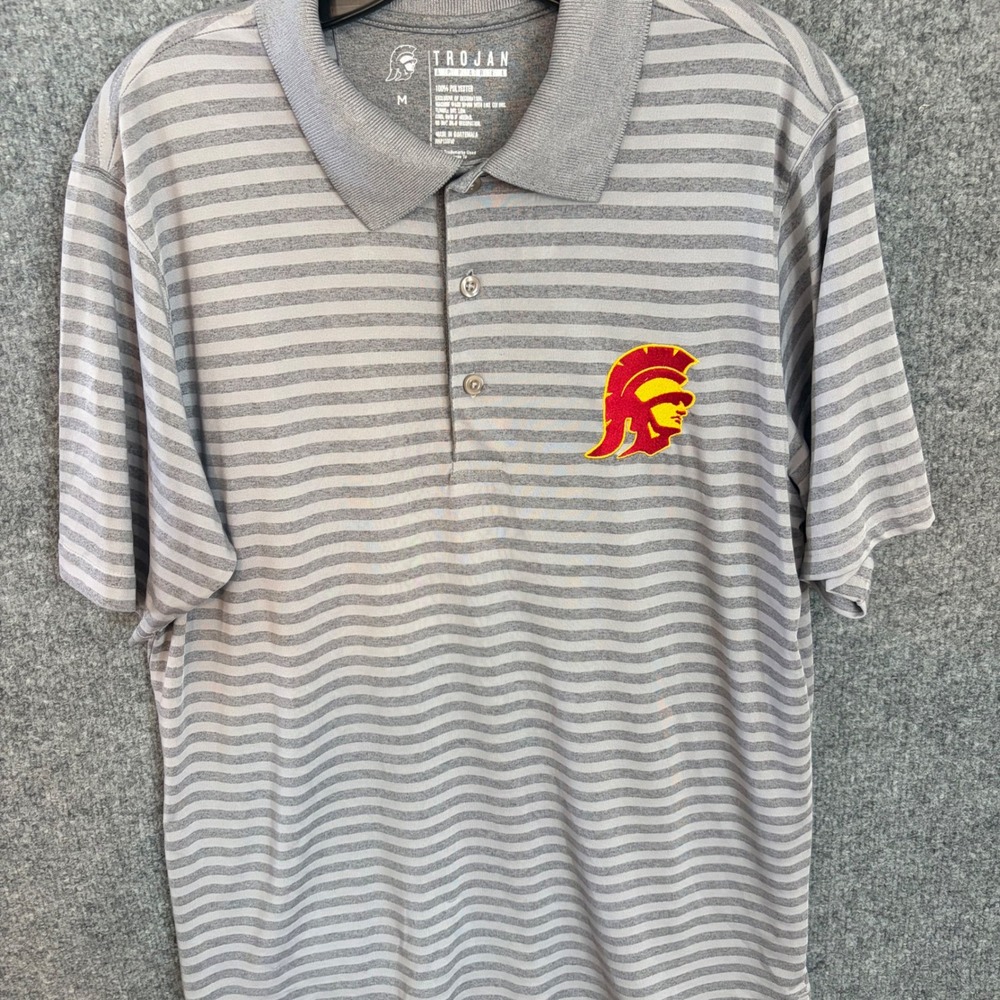 Trojan Apparel Polo Shirt Mens Medium Grey Striped USC Trojans Logo Golf NCAA